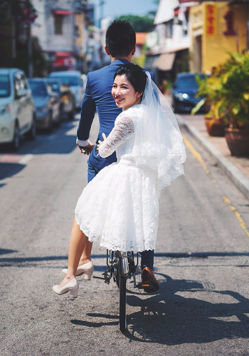 Dentelle Bridal | Chantilly Lace Long Sleeves Short Wedding Dress Dentelle Bridal | Chantilly Lace Long Sleeves Short Wedding Dress