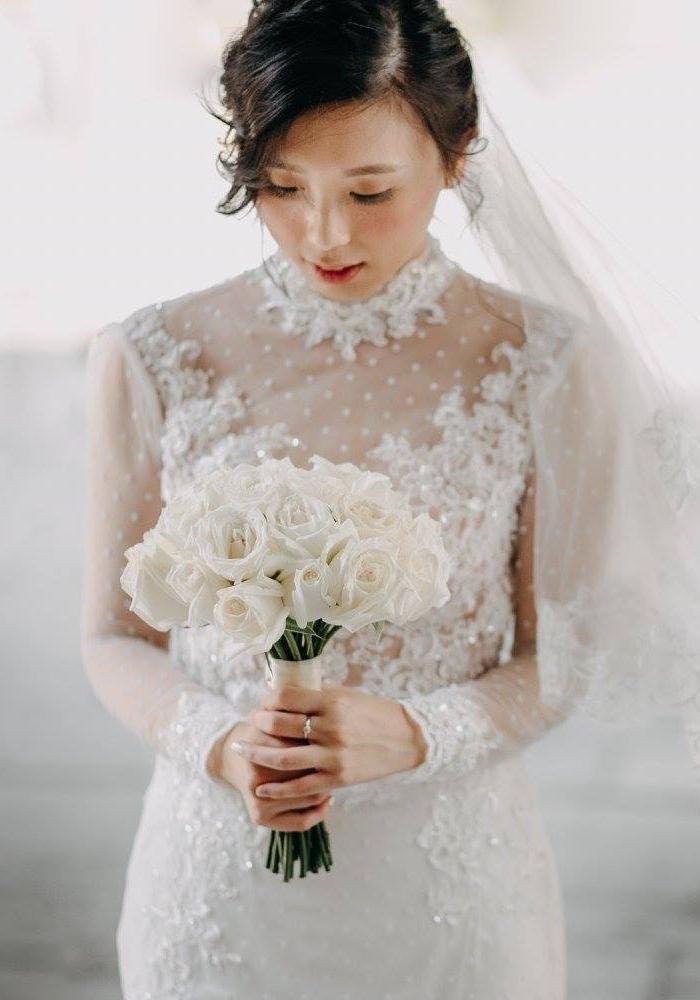 Vintage High Neck Sleeves Wedding Dress in Sheath | Dentelle Bridal Vintage High Neck Sleeves Wedding Dress in Sheath | Dentelle Bridal