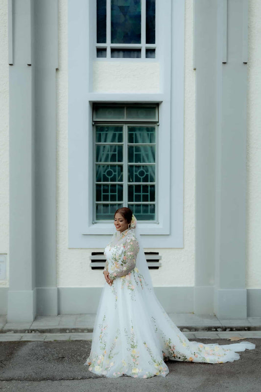 Bride Visha — High Neck Gown with Colourful Floral Details