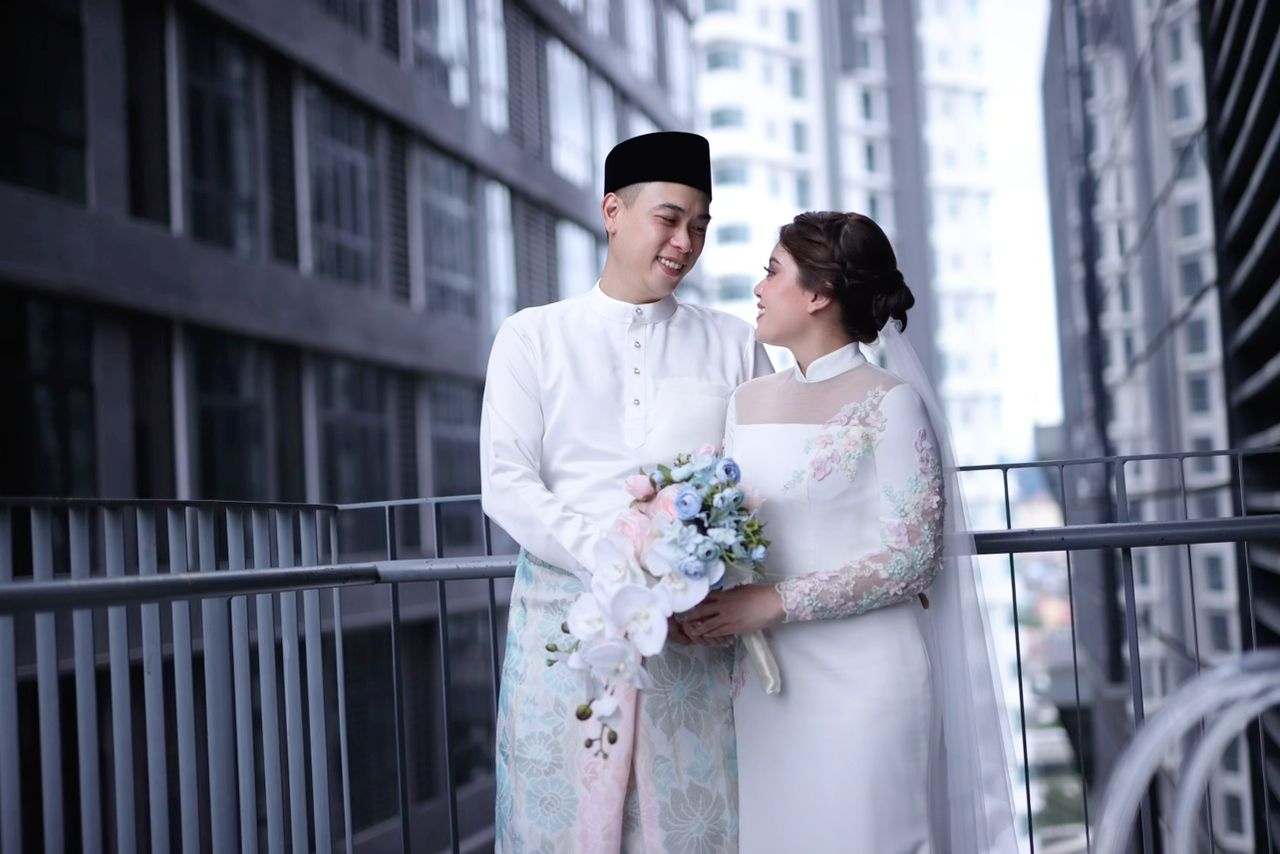 Bespoke hijab bridal gown Malaysia — custom Muslim wedding dress by Dentelle Bridal