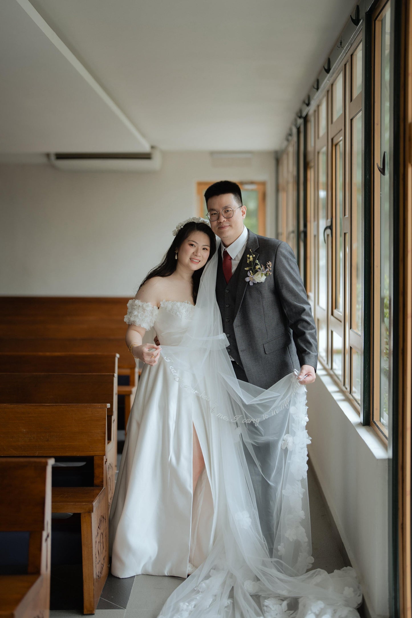 Bride Constance’s Satin Gown with Beaded Floral Details