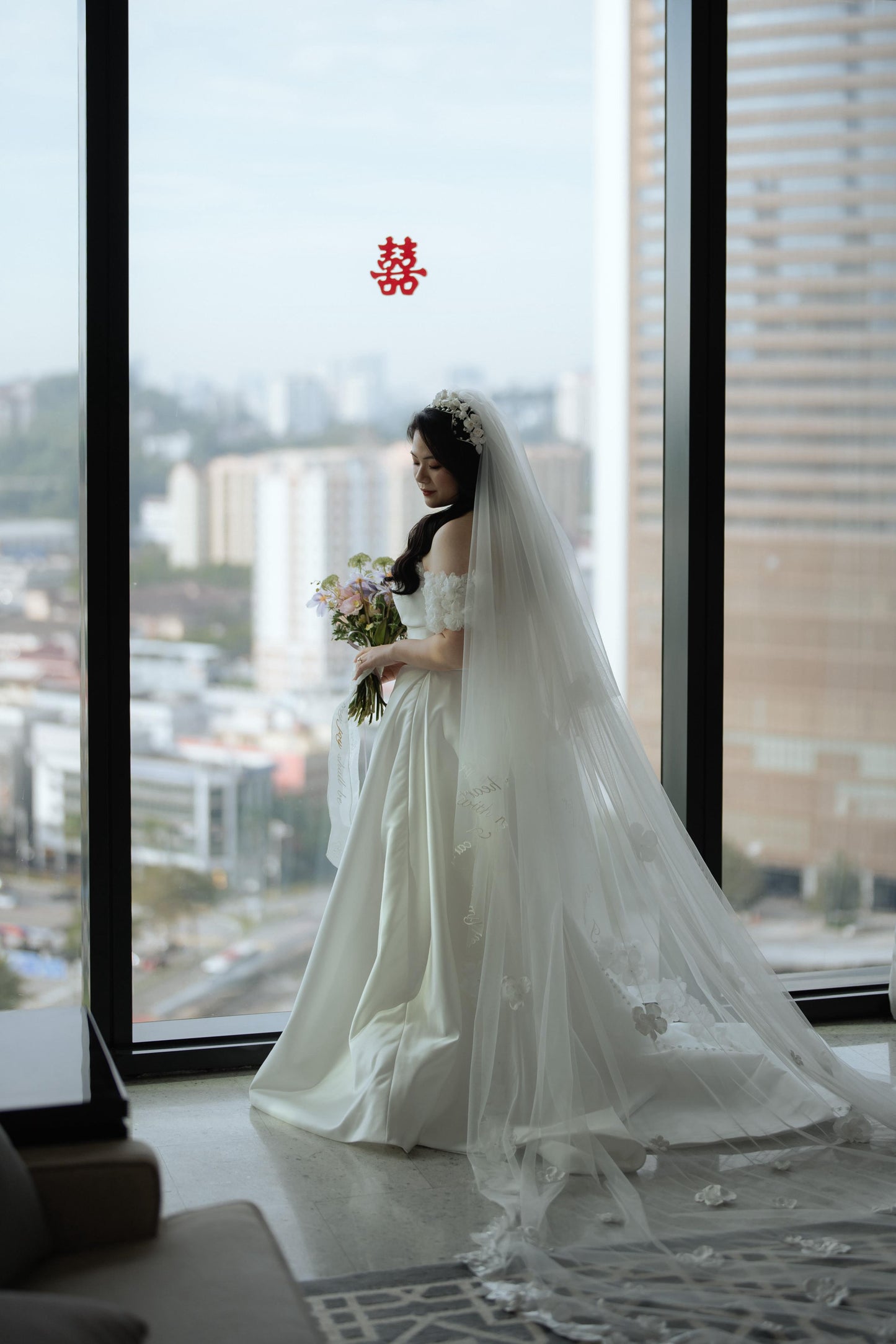 Bride Constance’s Satin Gown with Beaded Floral Details