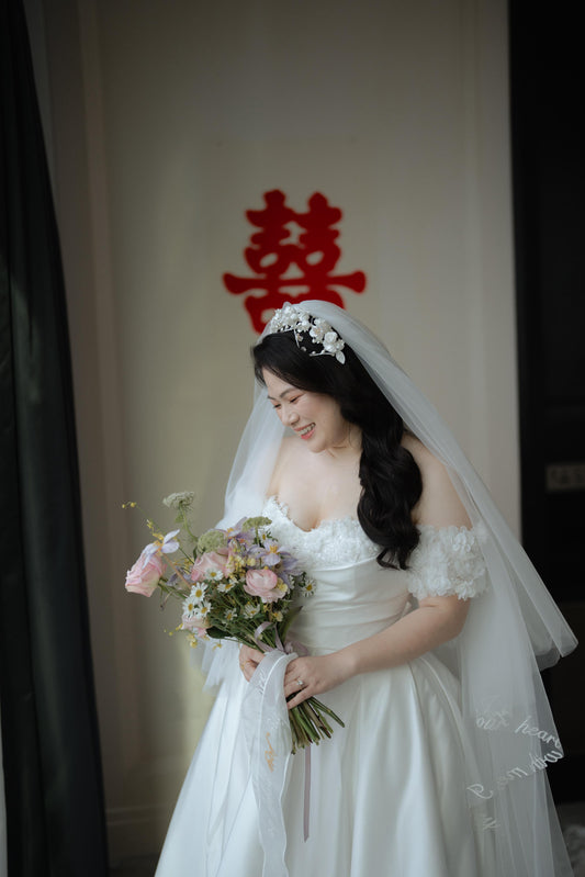 Bride Constance’s Satin Gown with Beaded Floral Details