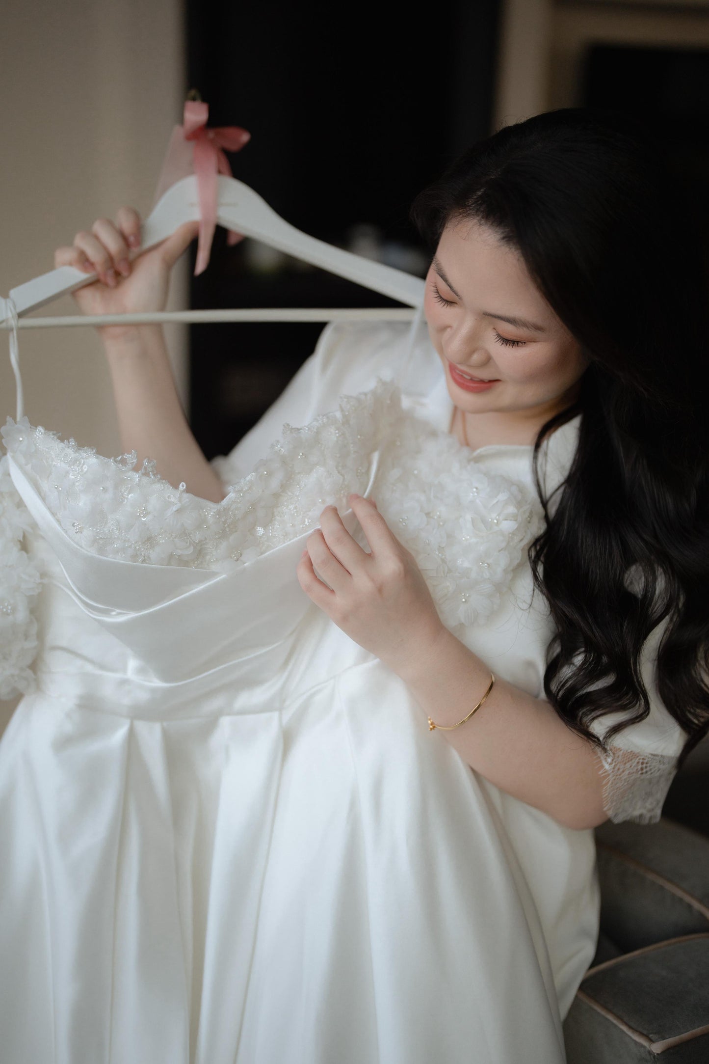 Bride Constance’s Satin Gown with Beaded Floral Details