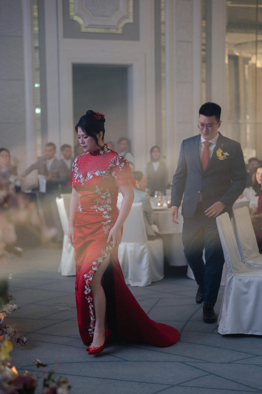 Bride Constance’s Red Gown with Gold-Lined Lace