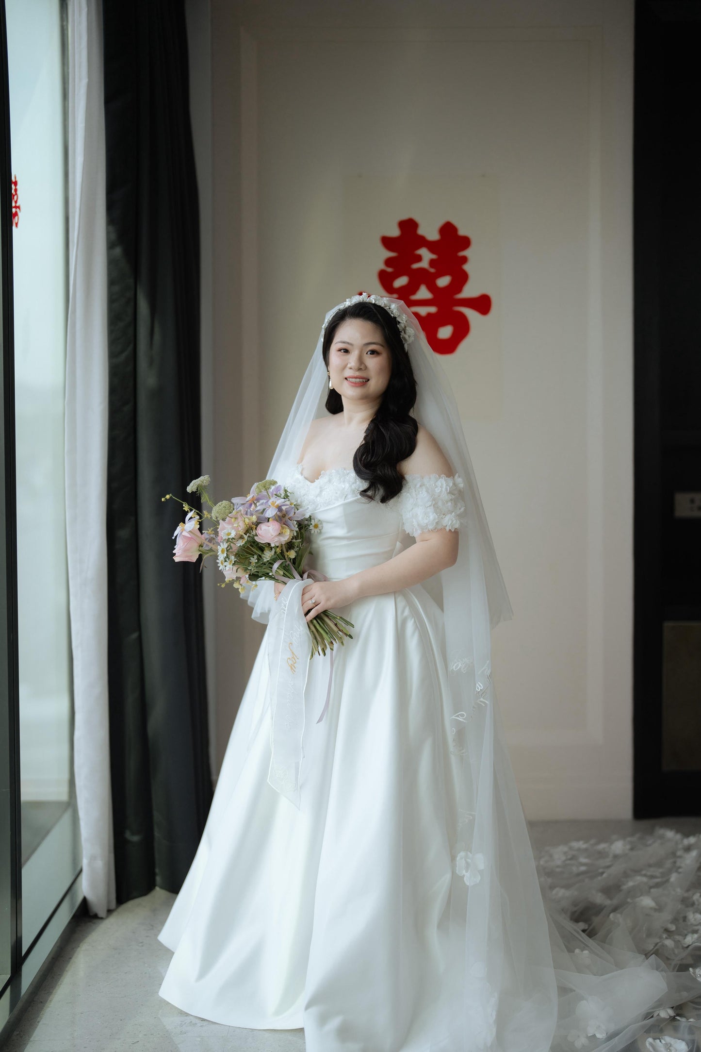 Bride Constance’s Satin Gown with Beaded Floral Details