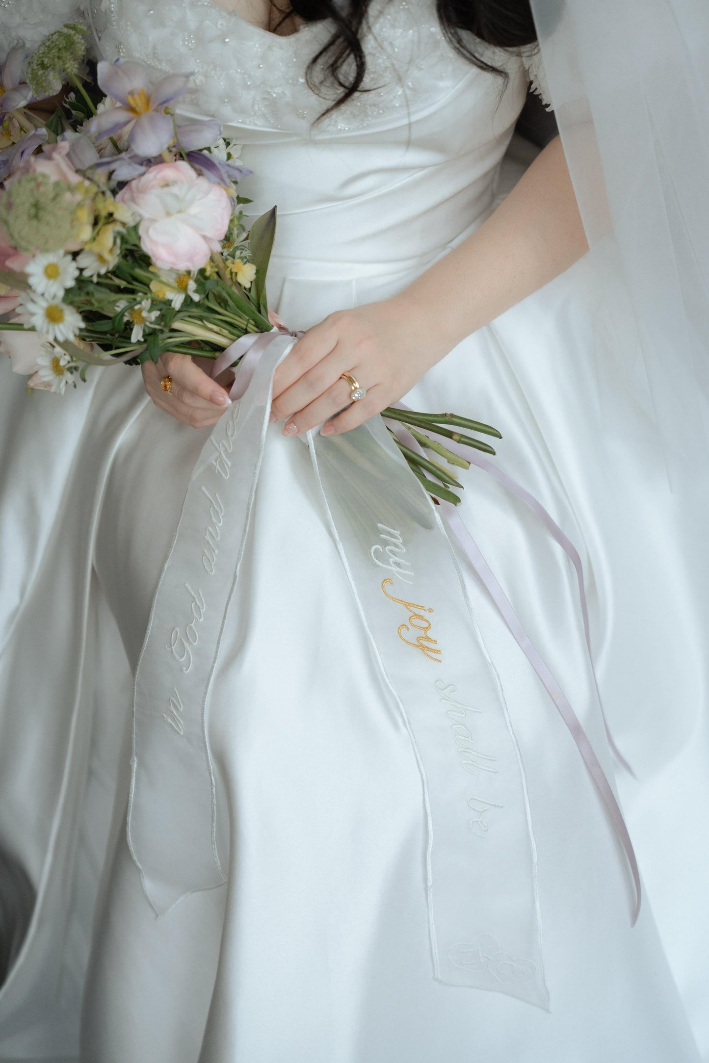 Bride Constance’s Satin Gown with Beaded Floral Details