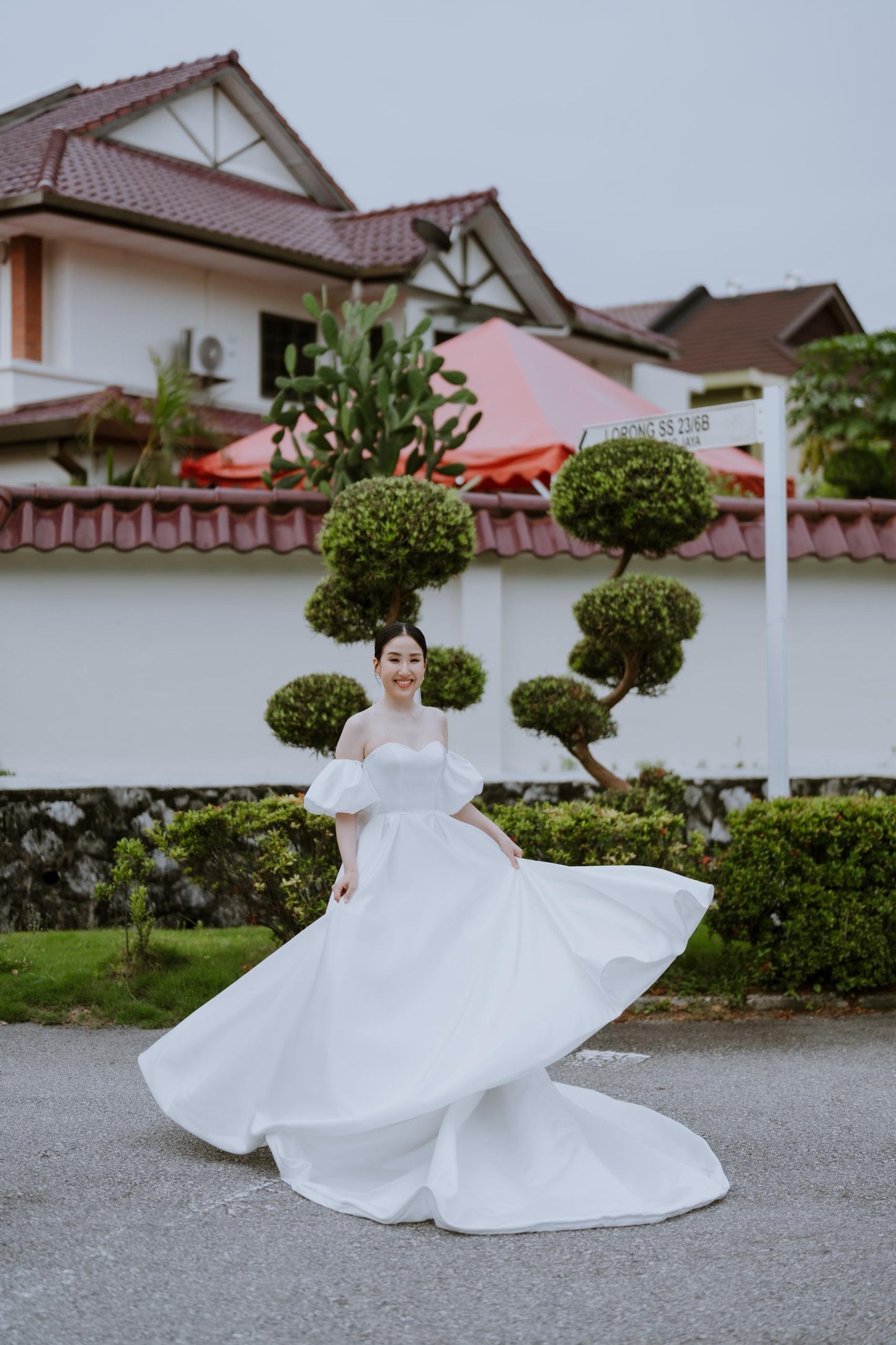 Elegant view of A-line bridal gown with flowing train