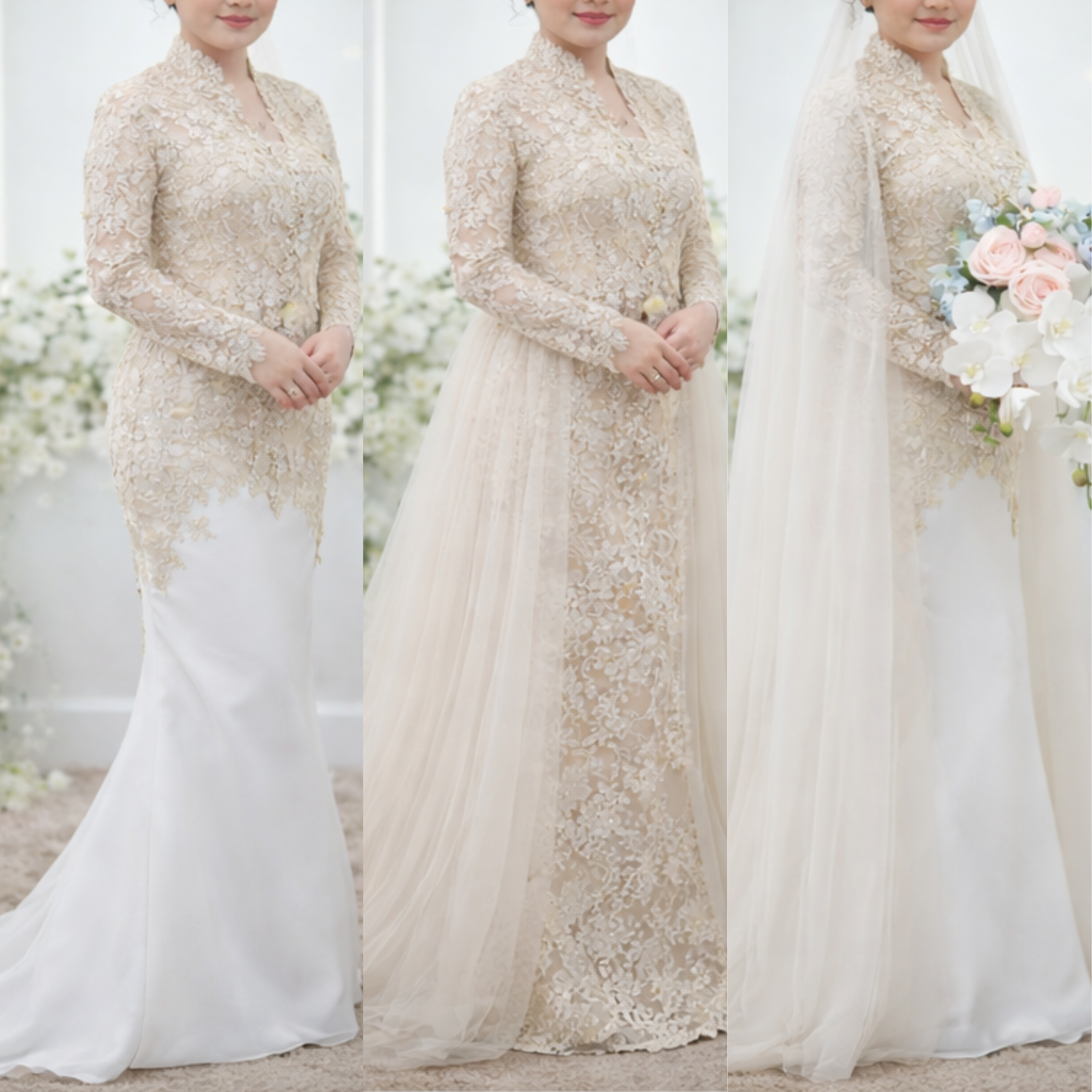 Hijab bridal multiple looks with add-ons — Dentelle Nikah Couture bespoke wedding package Malaysia