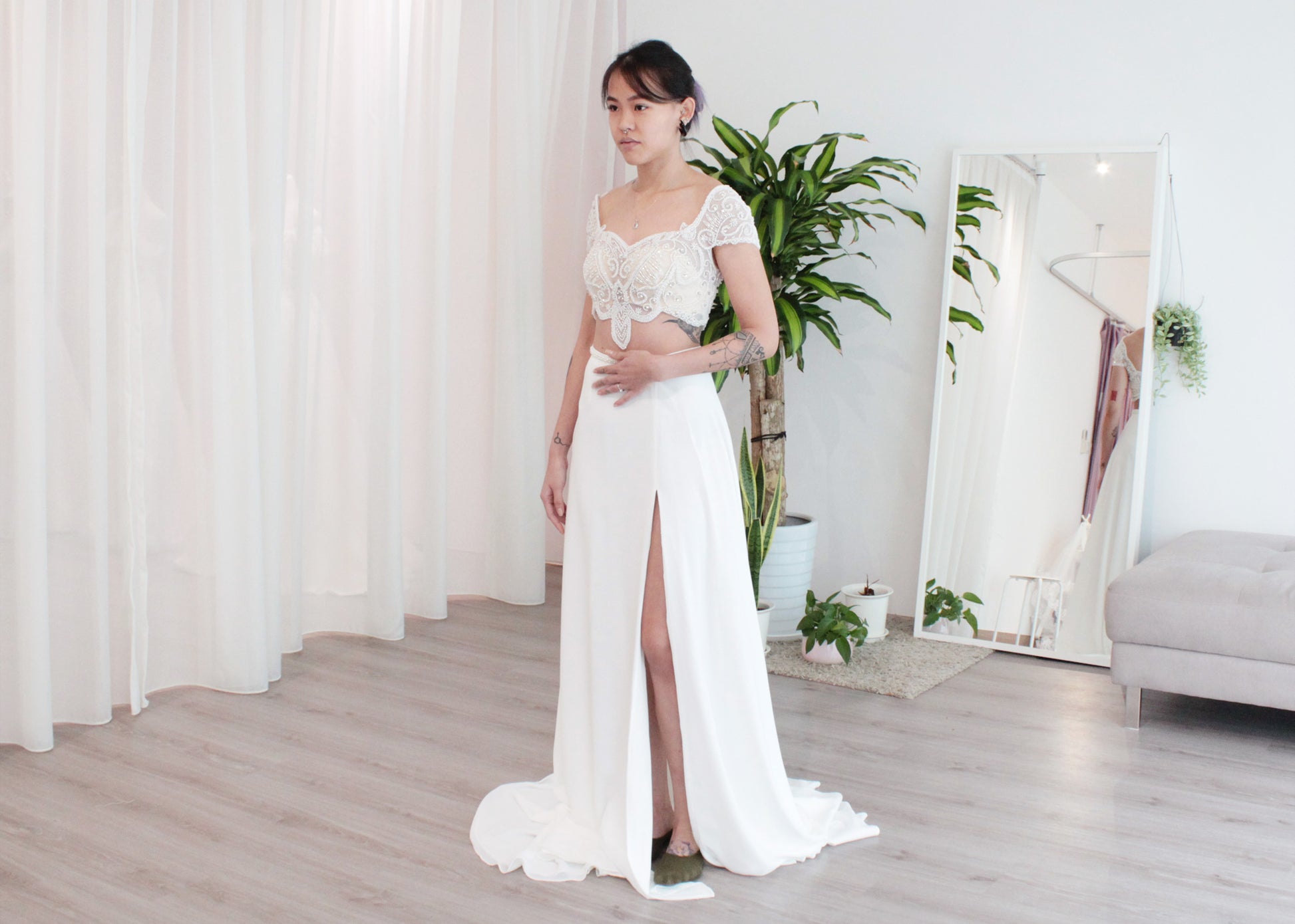 Two Piece Victorian Beadwork Crop Top Wedding Dress | Dentelle Bridal Two Piece Victorian Beadwork Crop Top Wedding Dress | Dentelle Bridal