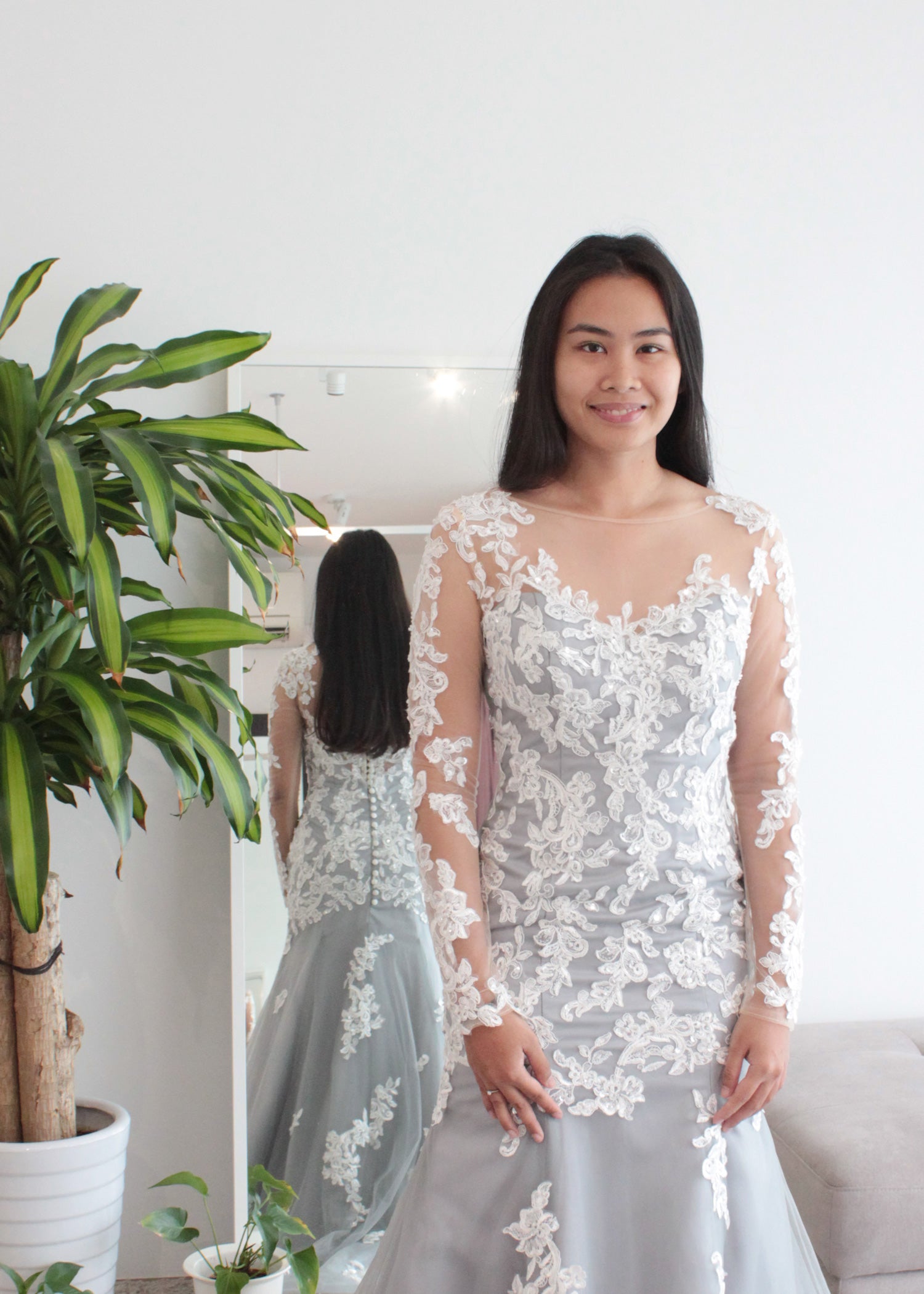 Modern Ivory Lace Over Grey Satin and Tulle Bridal Gown | Dentelle Bridal Modern Ivory Lace Over Grey Satin and Tulle Bridal Gown | Dentelle Bridal