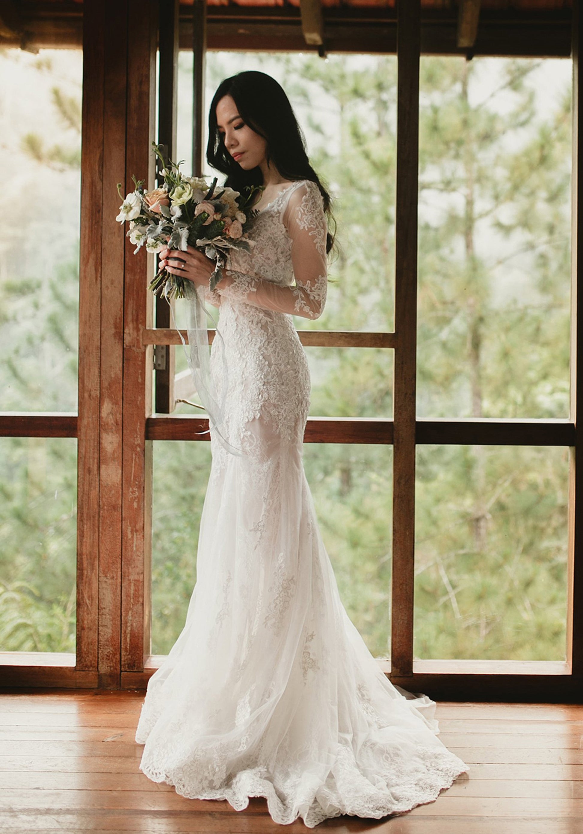 Sleeves Sheer Mermaid Lace Wedding Dress | Dentelle Bridal Sleeves Sheer Mermaid Lace Wedding Dress | Dentelle Bridal