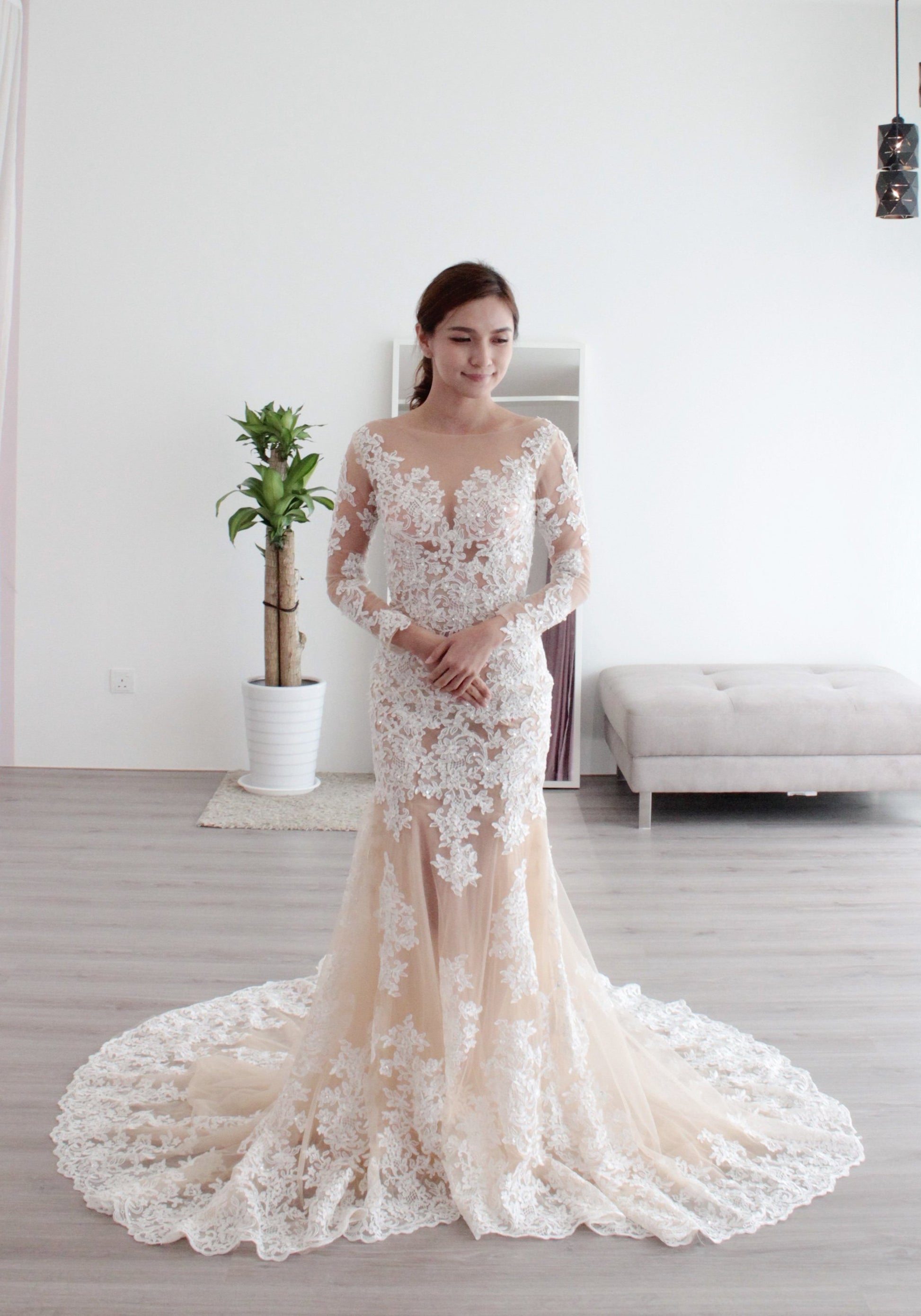 Custom Made Sleeves Mermaid Sheer Wedding Dress | Dentelle Bridal Custom Made Sleeves Mermaid Sheer Wedding Dress | Dentelle Bridal