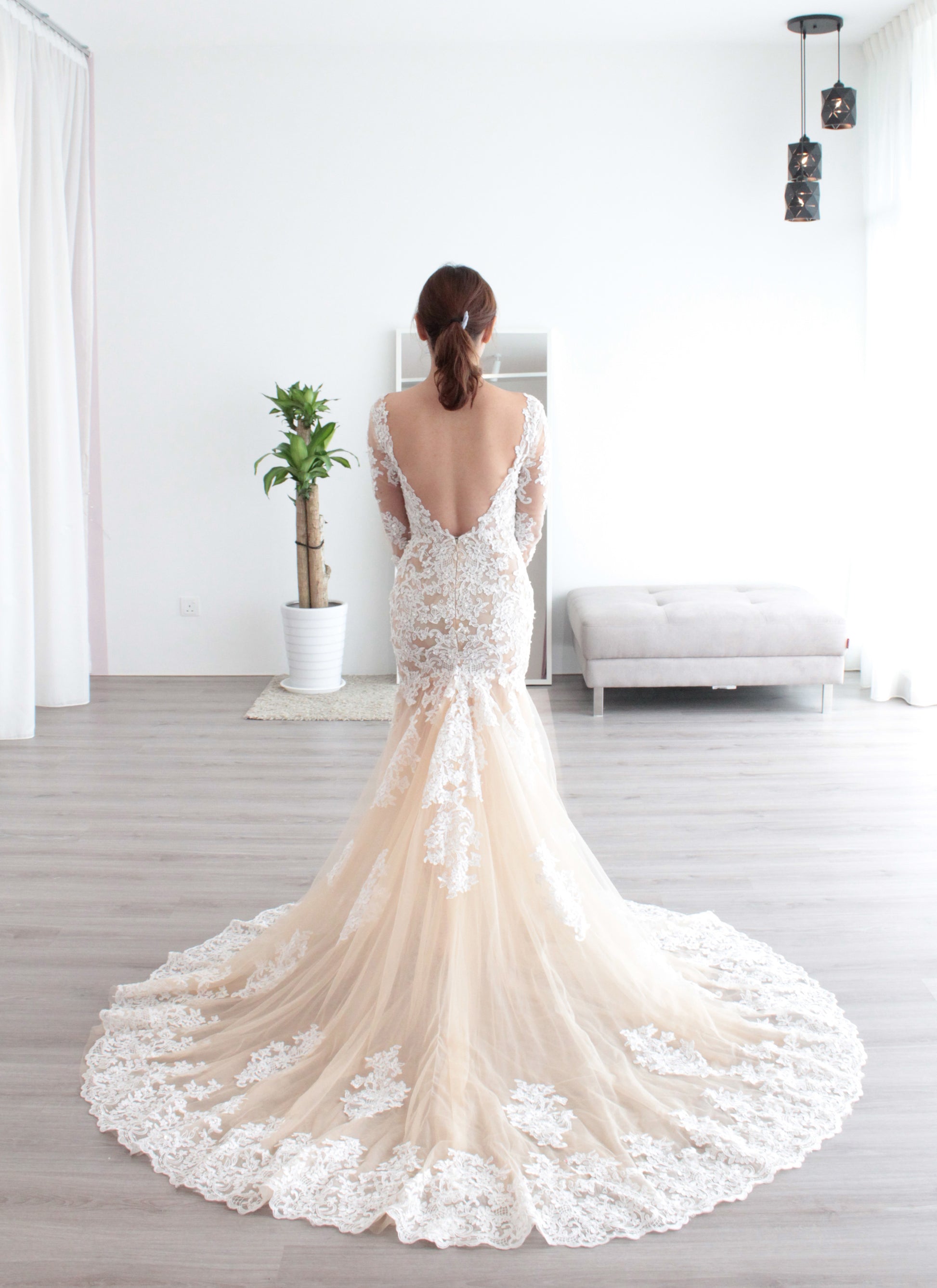 Custom Made Sleeves Mermaid Sheer Wedding Dress | Dentelle Bridal Custom Made Sleeves Mermaid Sheer Wedding Dress | Dentelle Bridal