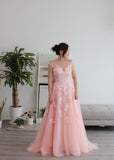Bride Tracy - Cap Sleeves Lace Aline Evening Gown in Coral Pink