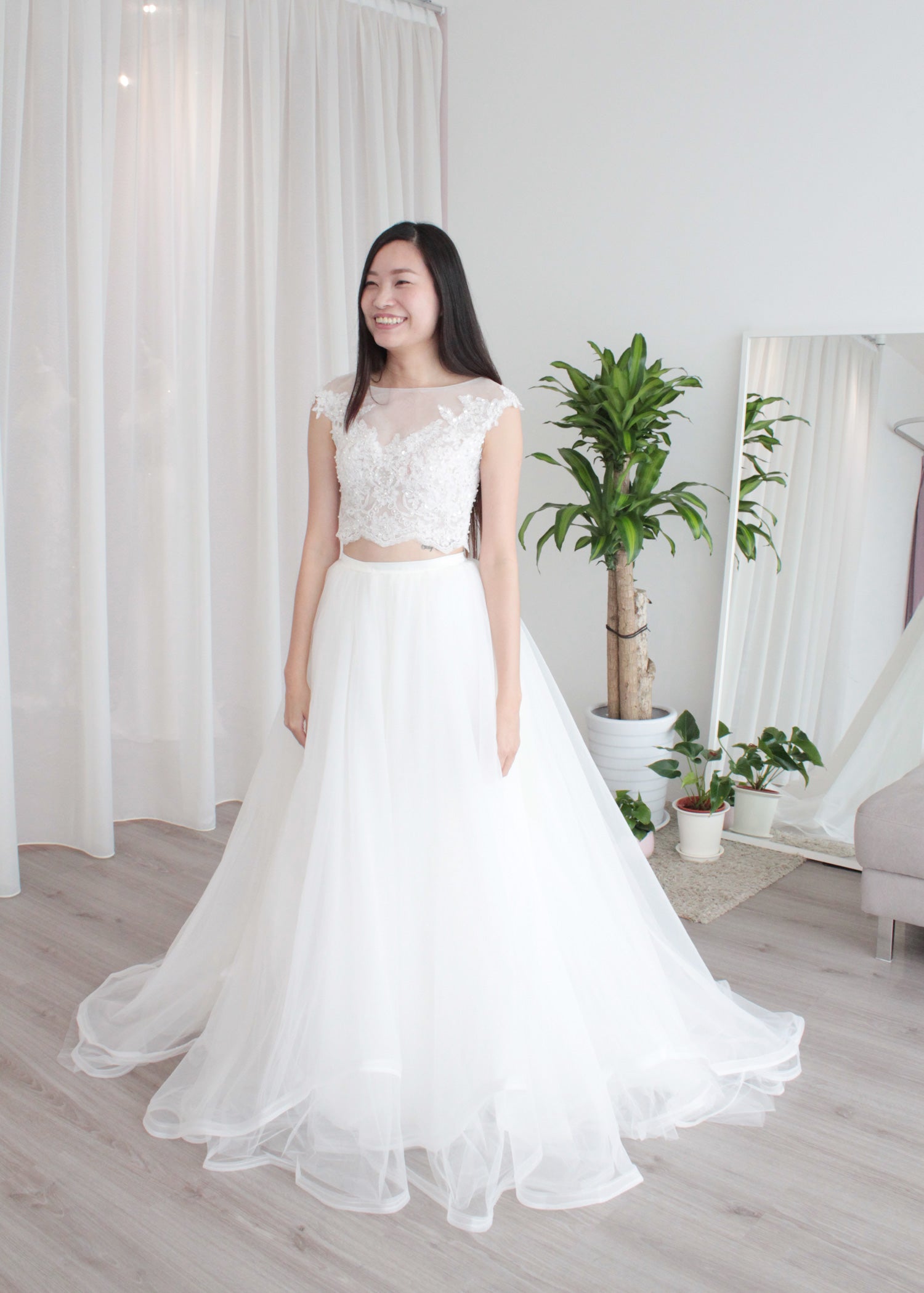 Two Piece Crop Top Ruffled Skirt Wedding Dress | Dentelle Bridal Two Piece Crop Top Ruffled Skirt Wedding Dress | Dentelle Bridal