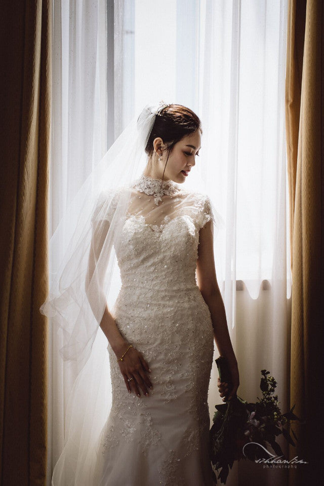 Mandarin Collar Mermaid Lace Wedding Dress | Dentelle Bridal Mandarin Collar Mermaid Lace Wedding Dress | Dentelle Bridal